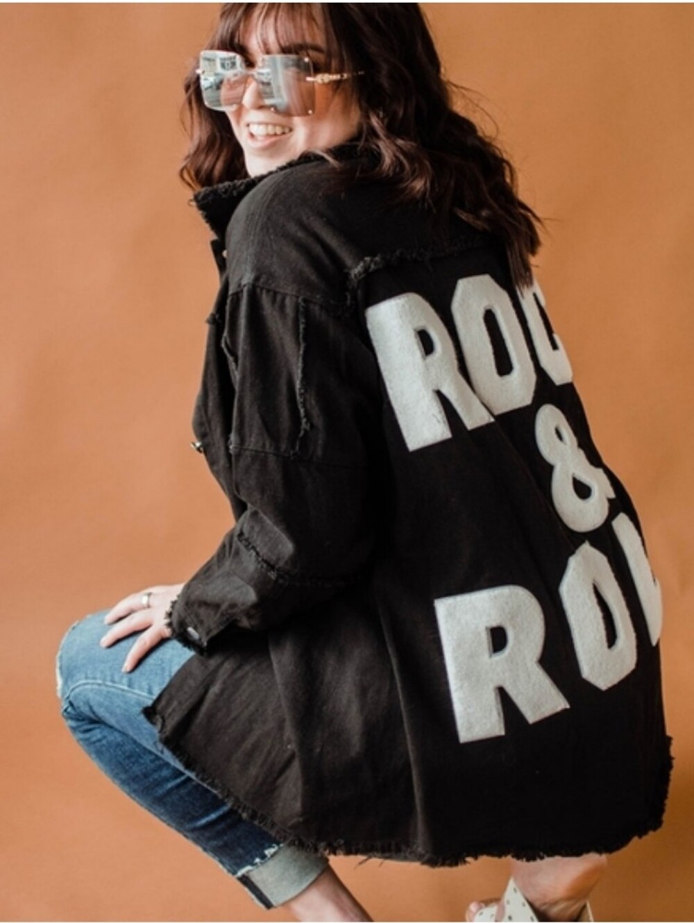 NWT J.NNA Black Rock & Roll Oversized Denim Shacket Frayed Edgy Grunge Festival